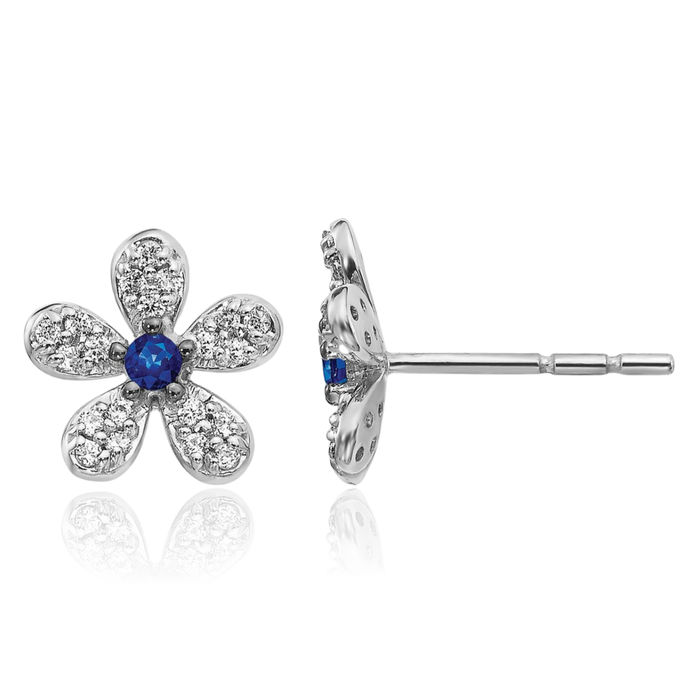 14K Solid White Gold Diamond Blue Sapphire Stud Earrings Gemstone Post Push Back