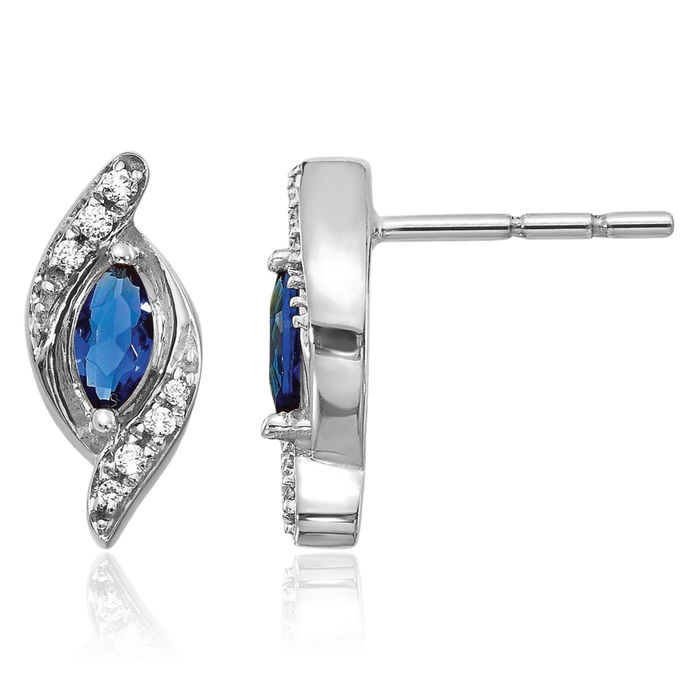 14K Solid White Gold Diamond Blue Sapphire Stud Earrings Gemstone Post Push Back