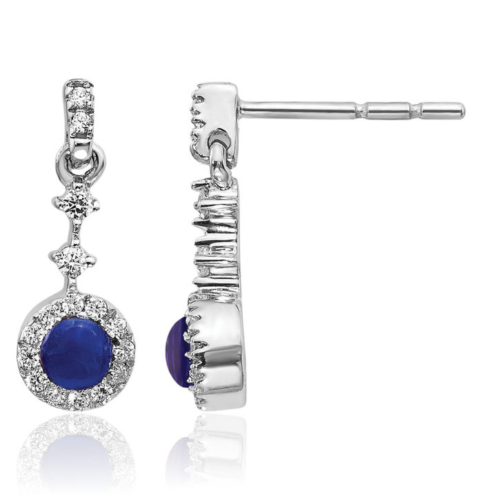 14K Solid White Gold Diamond Cabochon Blue Sapphire Drop Dangle Earrings September Birthstone Jewelry