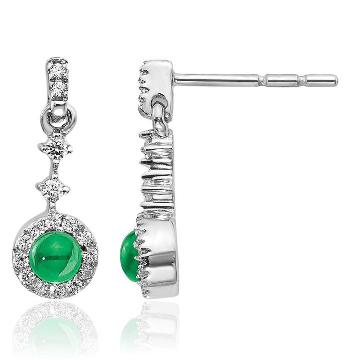 14K Solid White Gold Diamond Cabochon Green Emerald Drop Dangle Earrings May Birthstone Jewelry