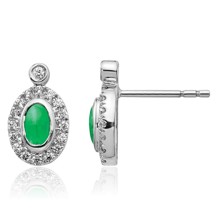 14K Solid White Gold Diamond Cabochon Green Emerald Stud Earrings Gemstone Post Push Back May Birthstone Jewelry