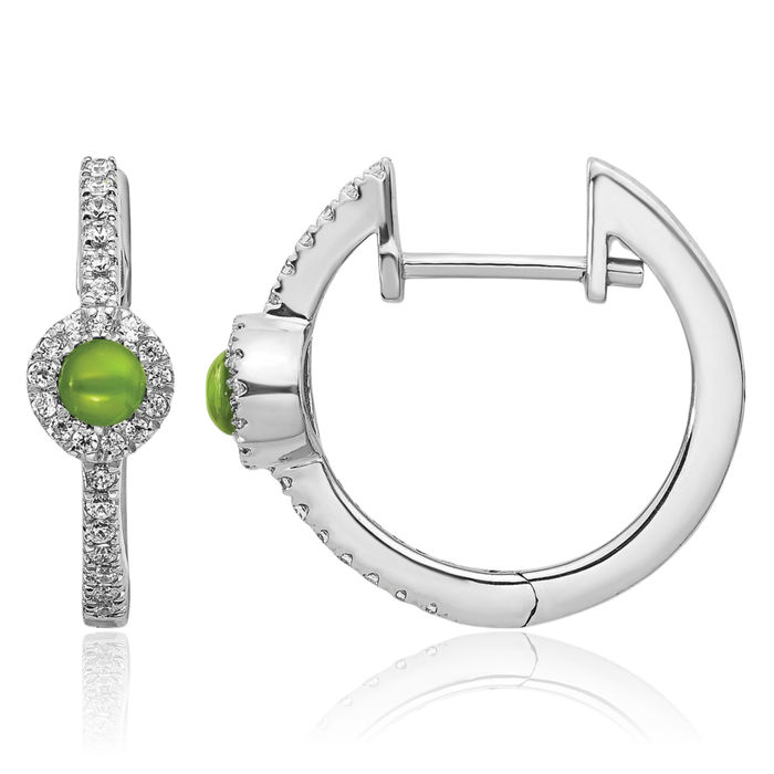 14K Solid White Gold Diamond Cabochon Green Peridot Small Hoop Earrings Gemstone Hoops August Birthstone Jewelry