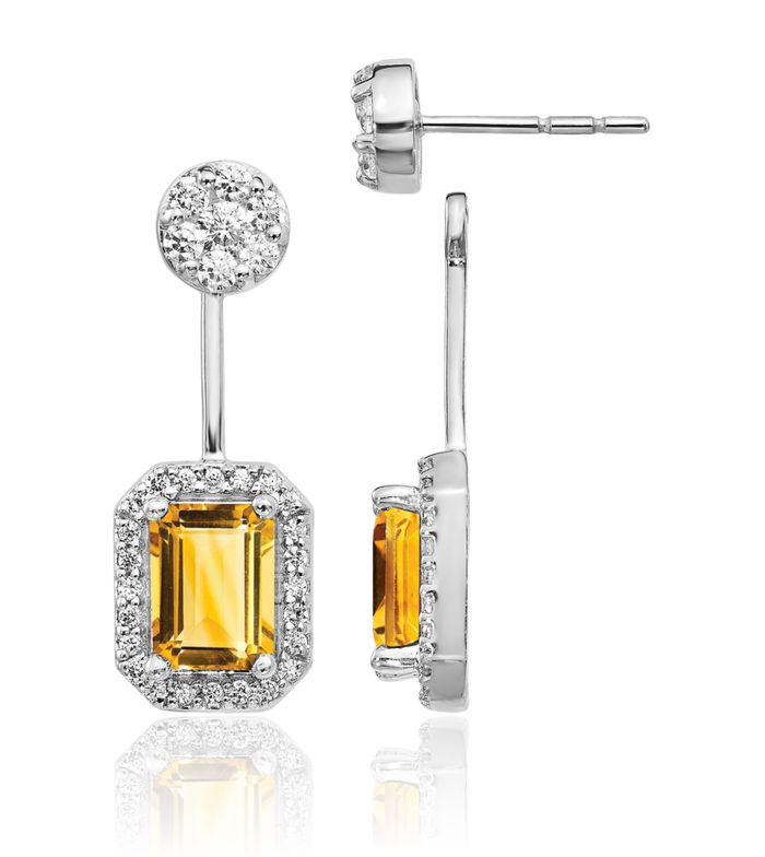 14K Solid White Gold Diamond Yellow Orange Citrine Stud Earrings November Birthstone Jewelry