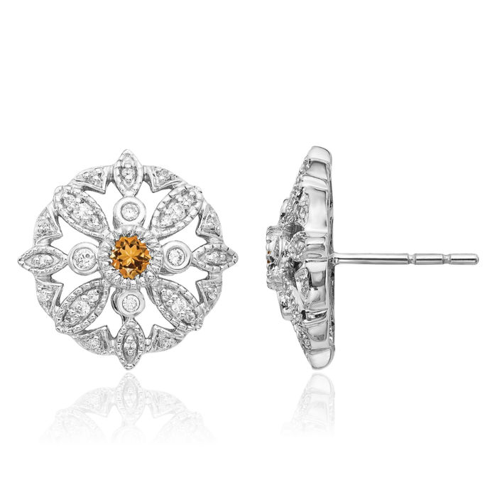 14K Solid White Gold Diamond Yellow Orange Citrine Stud Earrings Gemstone Post Push Back November Birthstone Jewelry