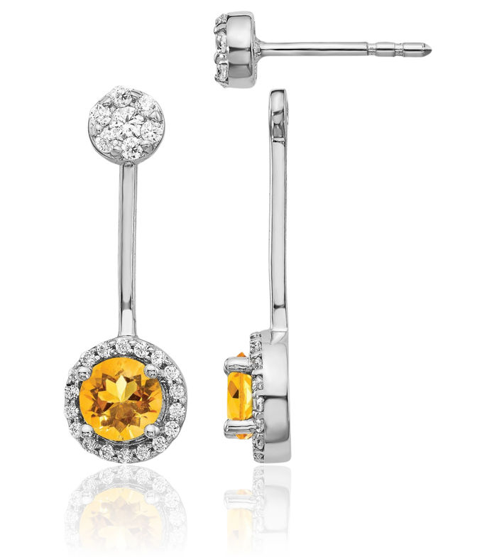 14K Solid White Gold Diamond Yellow Orange Citrine Stud Earrings November Birthstone Jewelry