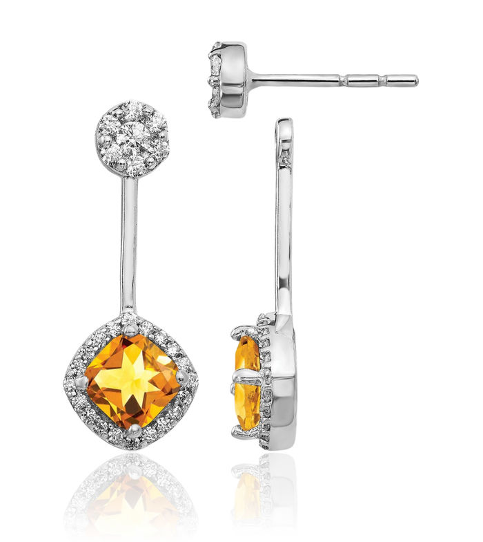 14K Solid White Gold Diamond Yellow Orange Citrine Stud Earrings November Birthstone Jewelry