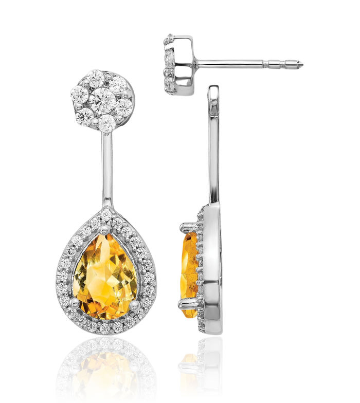 14K Solid White Gold Diamond Yellow Orange Citrine Studs Pear Teardrop Gemstone Drop Dangle Earrings November Birthstone Jewelry