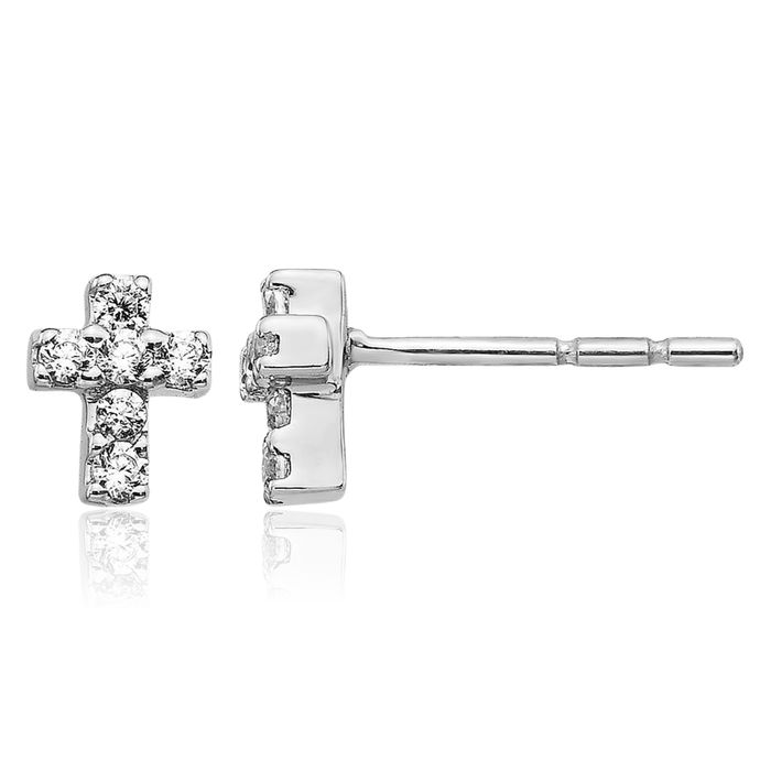 14K Solid White Gold Diamond Holy Cross Drop Dangle Christian Religious Stud Earrings