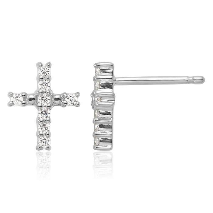 14K Solid White Gold Diamond Holy Cross Drop Dangle Christian Religious Stud Earrings