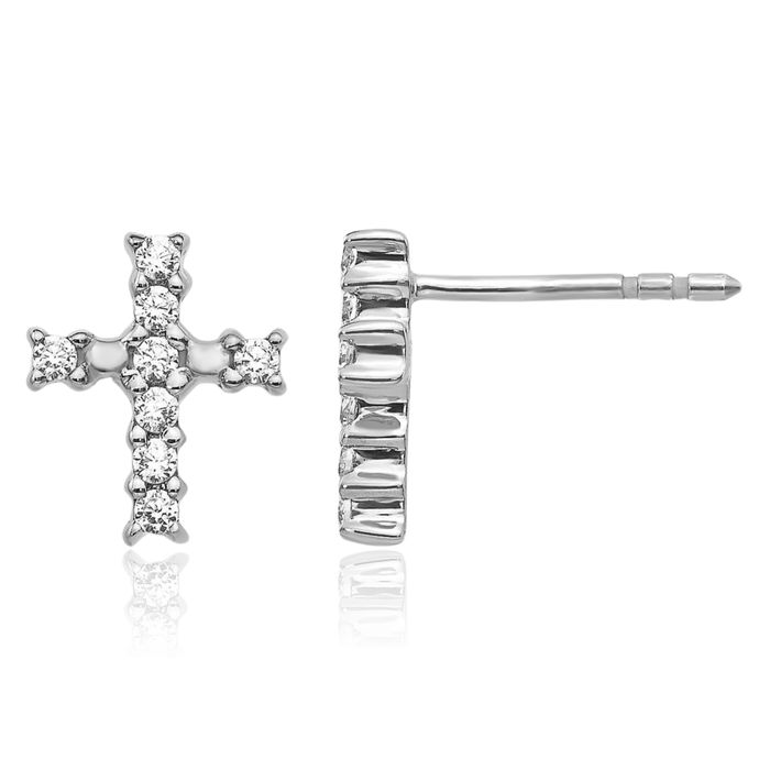 14K Solid White Gold Diamond Holy Cross Drop Dangle Christian Religious Stud Earrings