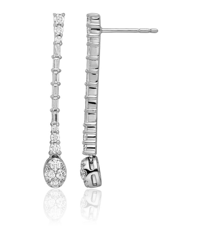 14K Solid White Gold Diamond Line Bar Drop Dangle Earrings