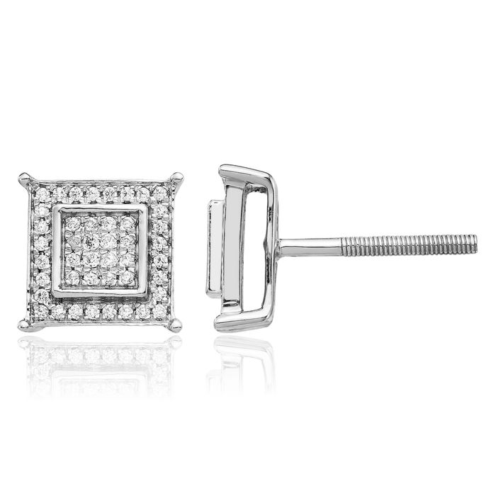 14K Solid White Gold Diamond Double Square Stud Earrings
