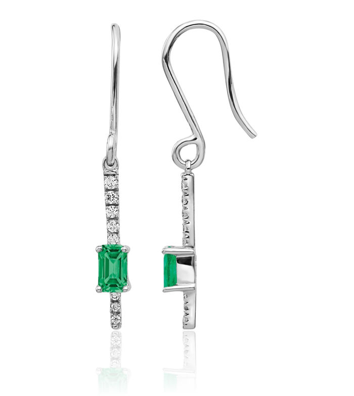 14K Solid White Gold Diamond Green Emerald Drop Dangle Earrings May Birthstone Jewelry