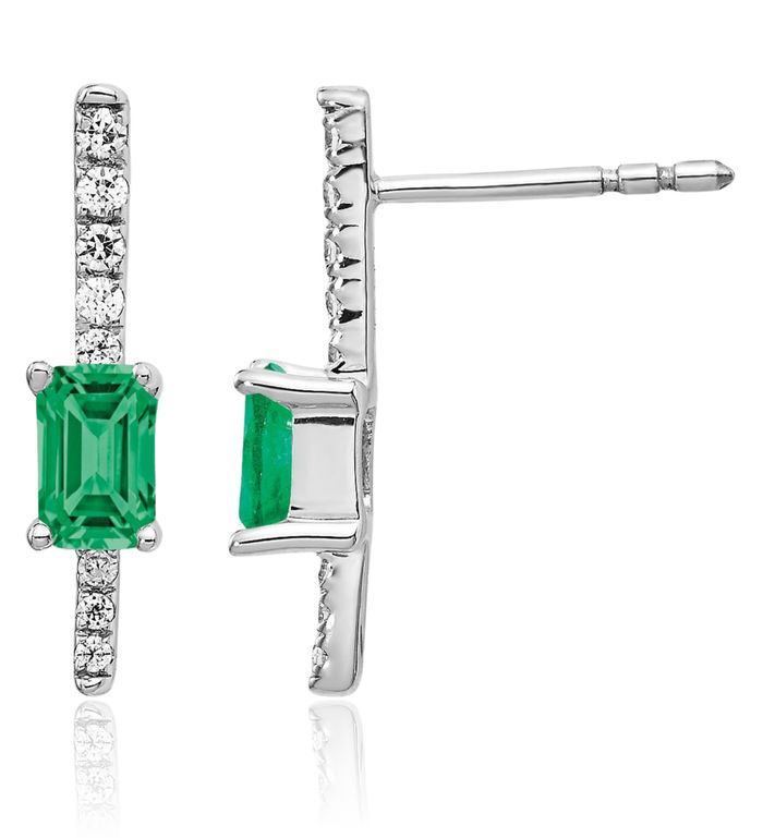 14K Solid White Gold Diamond Green Emerald Line Bar Drop Dangle Earrings Gemstone Post Push Back May Birthstone Jewelry