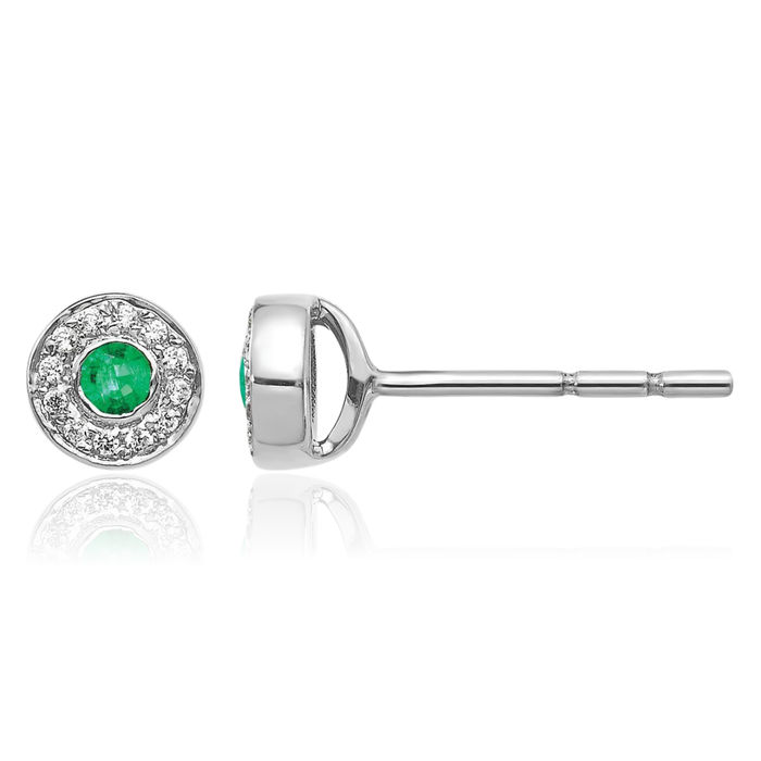 14K Solid White Gold Diamond Green Emerald Halo Round Studs Gemstone Earrings