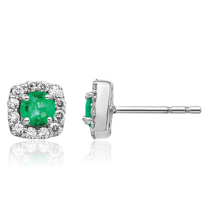 14K Solid White Gold Diamond Green Emerald Square Halo Round Stud Earrings Gemstone Post Push Back