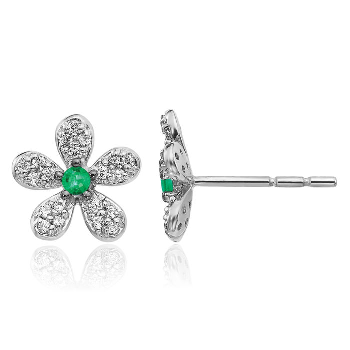 14K Solid White Gold Diamond Green Emerald Stud Earrings Gemstone Post Push Back