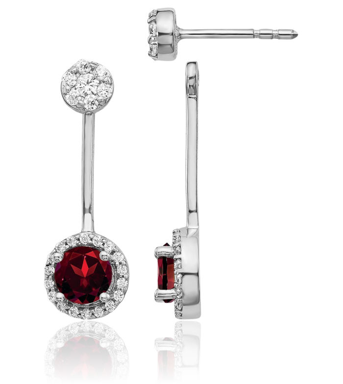 14K Solid White Gold Diamond Red Garnet Drop Dangle Earrings January Birthstone Jewelry