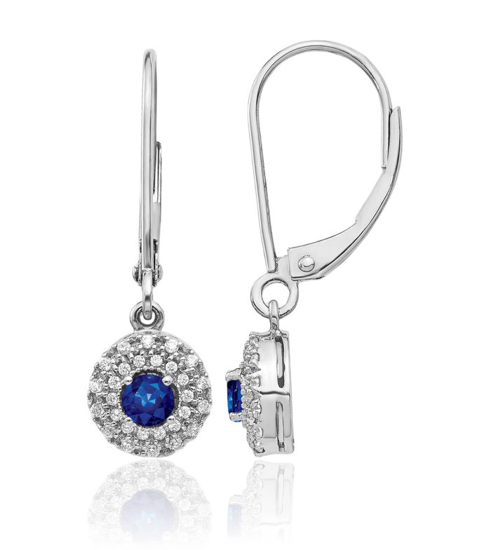 14K Solid White Gold Diamond Halo Round Blue Sapphire Drop Dangle Earrings Gemstone September Birthstone Jewelry