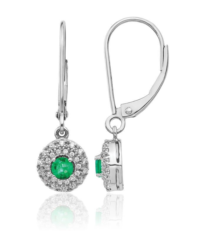 14K Solid White Gold Diamond Halo Round Green Emerald Drop Dangle Earrings Gemstone