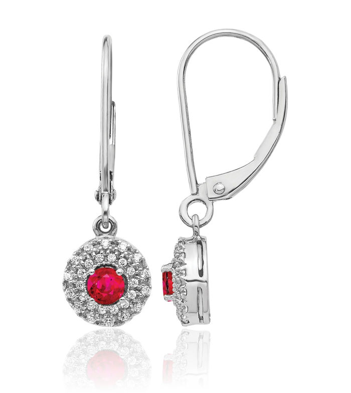 14K Solid White Gold Diamond Halo Round Red Ruby Drop Dangle Earrings Gemstone July Birthstone Jewelry