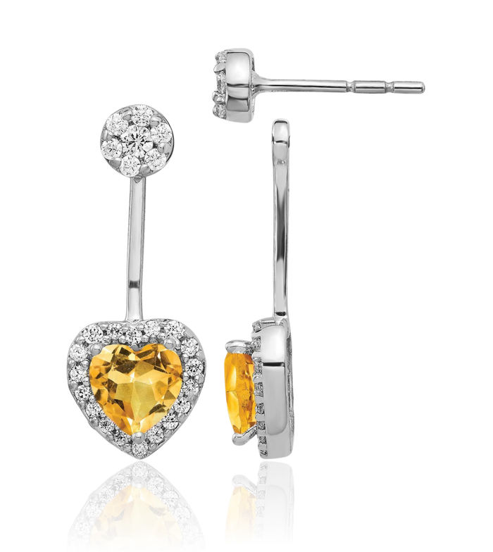 14K Solid White Gold Diamond Heart Yellow Orange Citrine Stud Earrings November Birthstone Jewelry