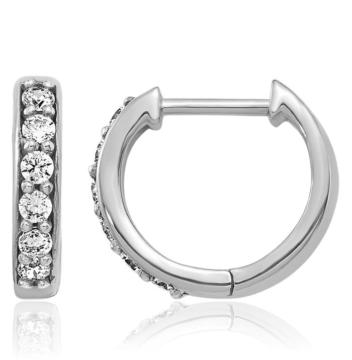 14K Solid White Gold Diamond Huggie Small Hoop Earrings