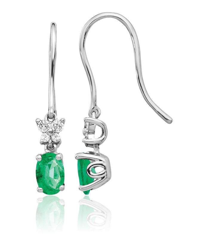 14K Solid White Gold Diamond Oval Green Emerald Drop Dangle Earrings May Birthstone Jewelry