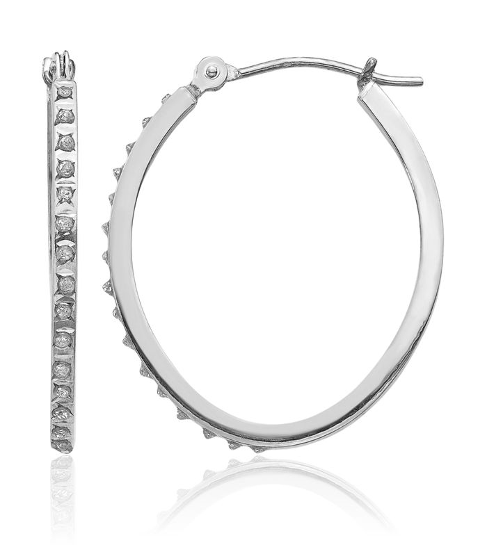 14K Solid White Gold Diamond Oval Medium Hoop Earrings