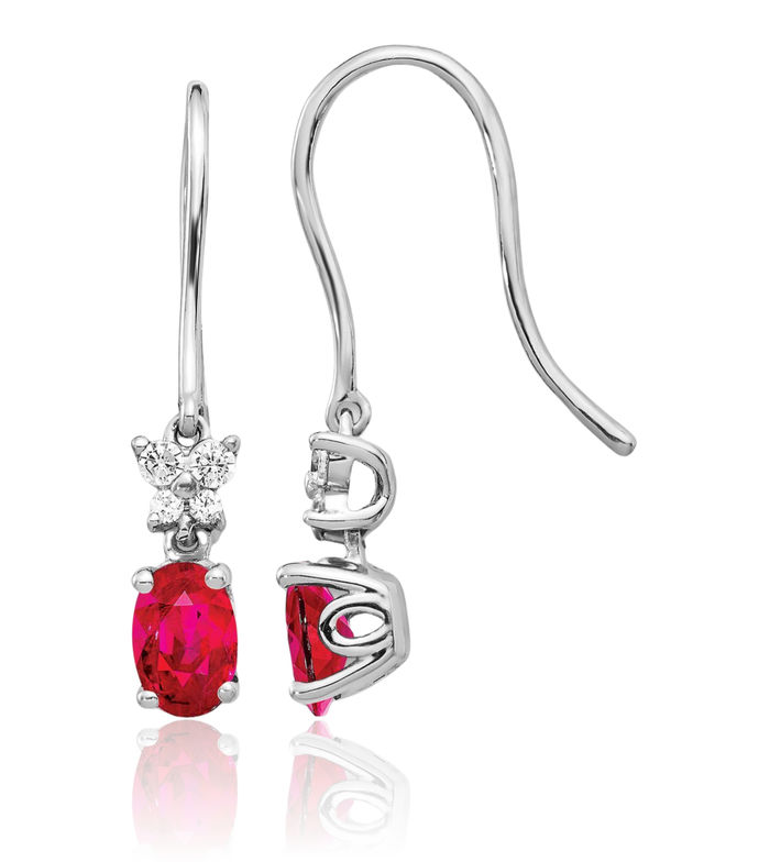 14K Solid White Gold Diamond Oval Red Ruby Drop Dangle Earrings July Birthstone Jewelry