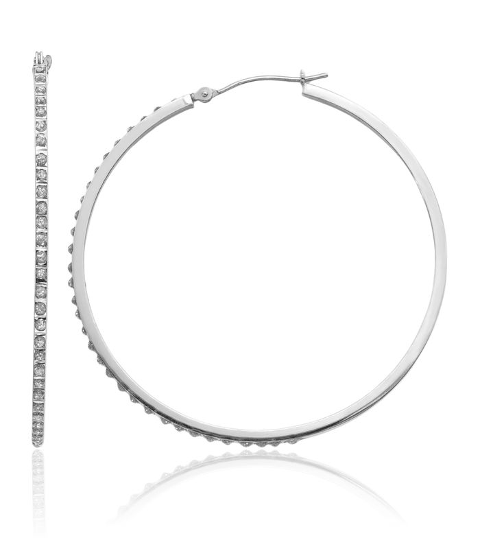 14K Solid White Gold Diamond Round Large Hoop Earrings