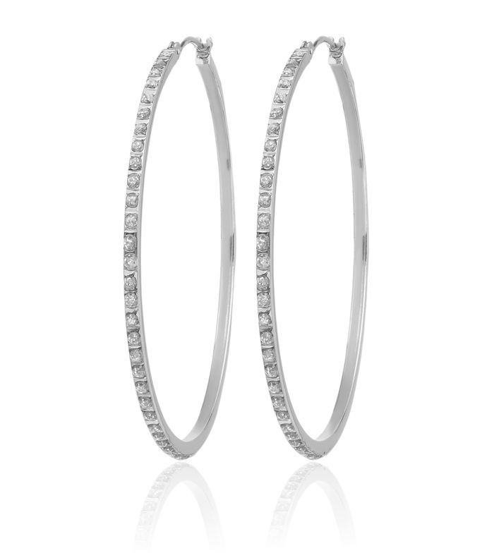 14K Solid White Gold Diamond Round Large Hoop Earrings