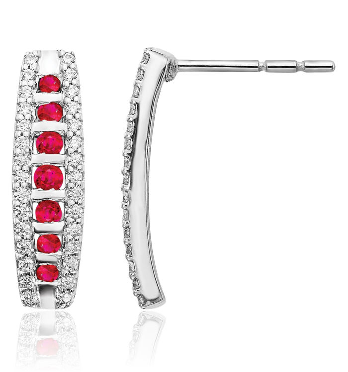 14K Solid White Gold Diamond Red Ruby Line Bar Drop Dangle Earrings Gemstone Post Push Back July Birthstone Jewelry