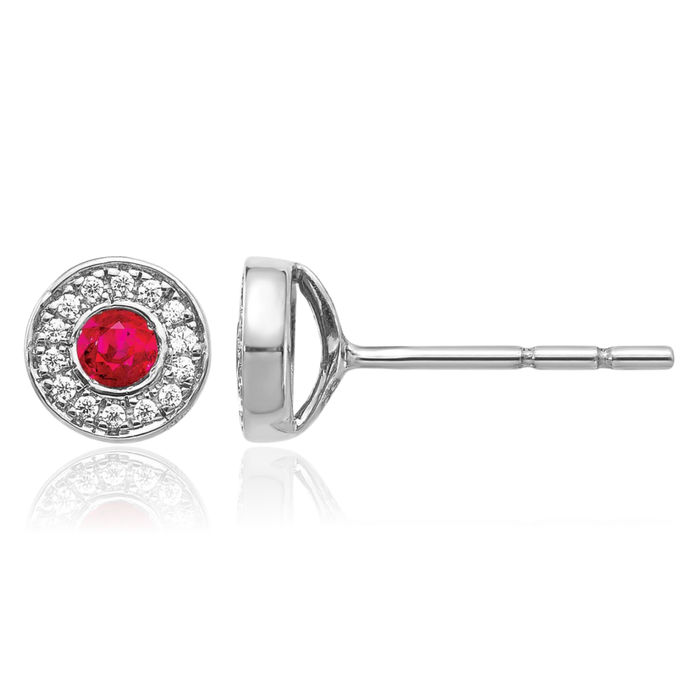 14K Solid White Gold Diamond Red Ruby Halo Round Studs Gemstone Earrings