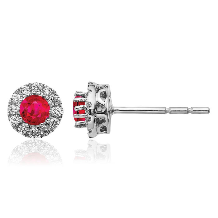 14K Solid White Gold Diamond Red Ruby Halo Round Studs Gemstone Earrings