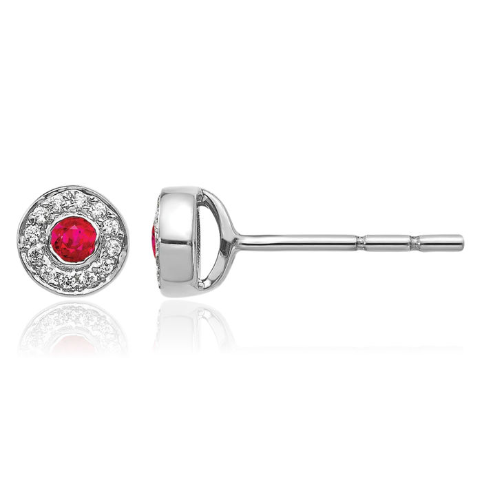 14K Solid White Gold Diamond Red Ruby Halo Round Studs Gemstone Earrings