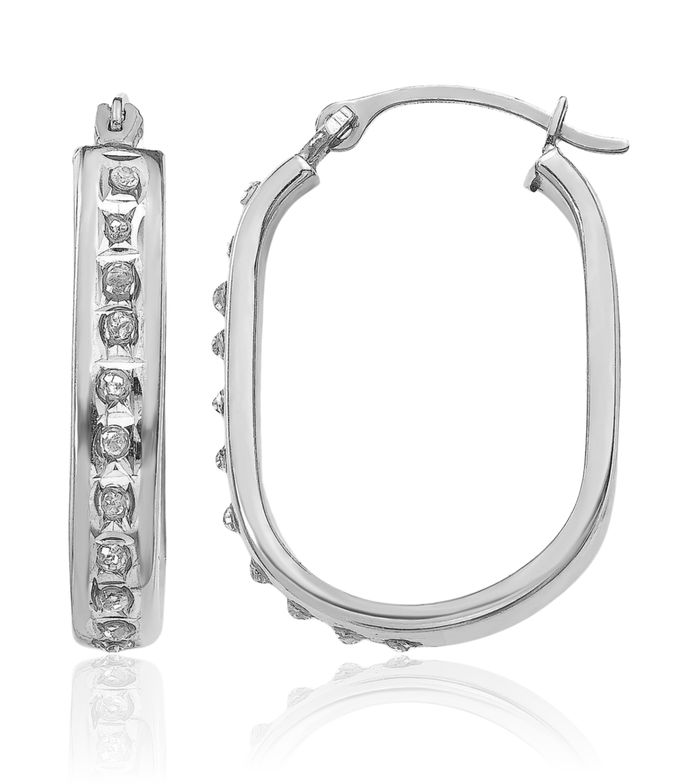 14K Solid White Gold Diamond Square Medium Hoop Earrings