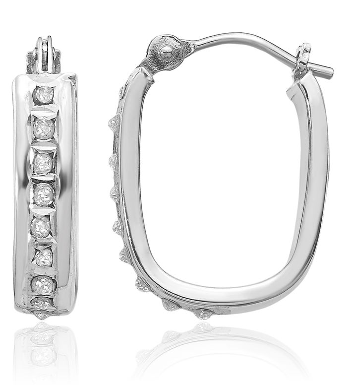 14K Solid White Gold Diamond Square Small Hoop Earrings