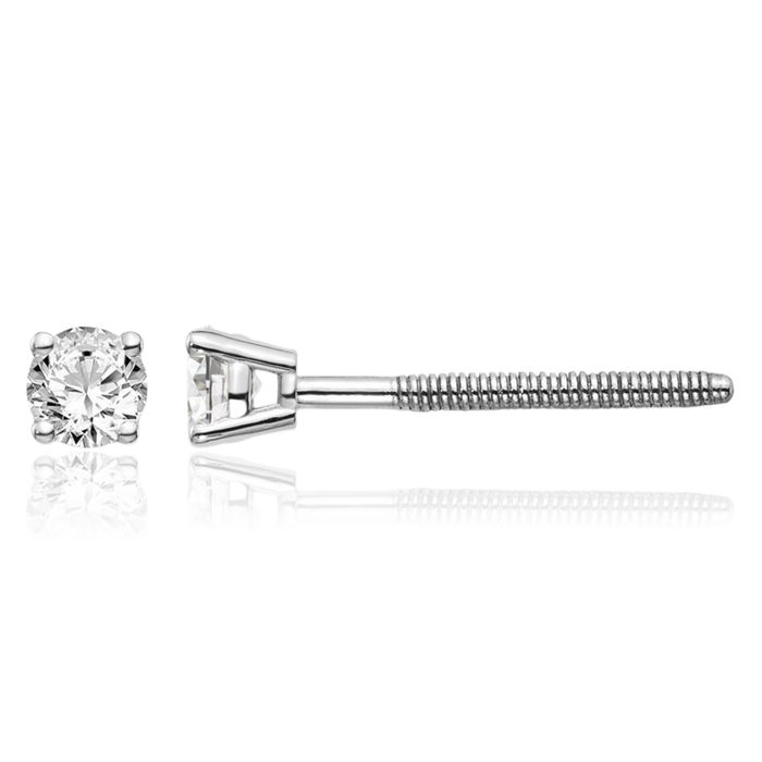 14K Solid White Gold Diamond Studs Post Screw Back Earrings