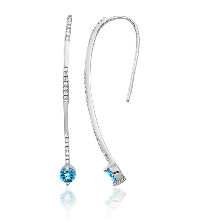 14K Solid White Gold Diamond Swiss Blue Topaz Drop Dangle Earrings Gemstone Threader December Birthstone Jewelry