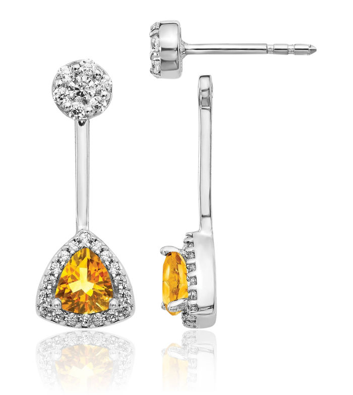 14K Solid White Gold Diamond Trillion Yellow Orange Citrine Stud Earrings November Birthstone Jewelry