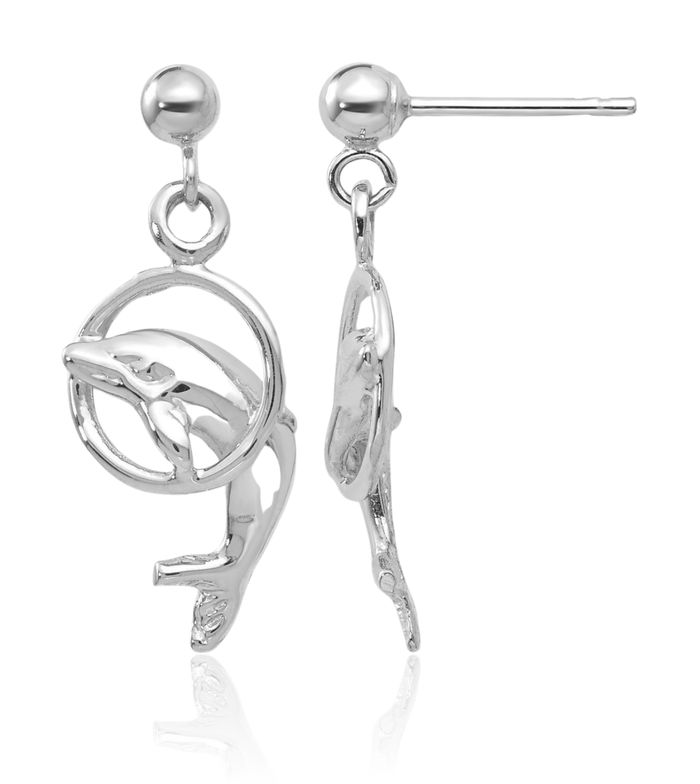 14K Solid White Gold Sea Dolphin Ocean Fish Beach Nautical Drop Dangle Earrings