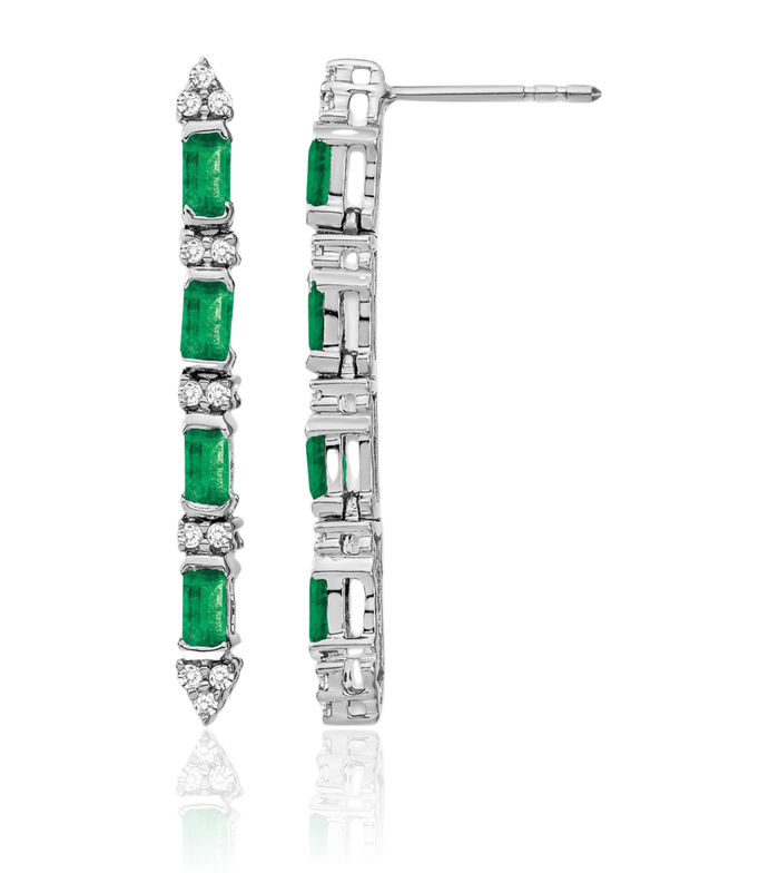 14K Solid White Gold Green Emerald Diamond 4 Stone Line Bar Drop Dangle Earrings Gemstone Post Push Back May Birthstone Jewelry