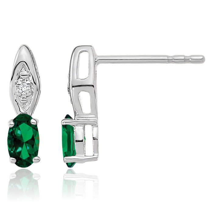 14K Solid White Gold Green Emerald Diamond Drop Dangle Earrings May Birthstone Jewelry