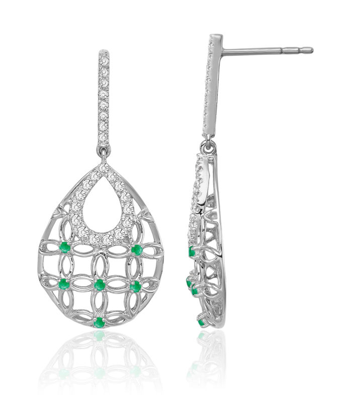 14K Solid White Gold Green Emerald Diamond Drop Dangle Earrings Gemstone Post Push Back May Birthstone Jewelry