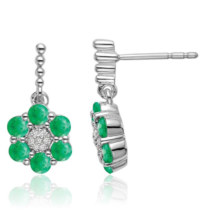 14K Solid White Gold Green Emerald Diamond Drop Dangle Earrings Gemstone Post Push Back May Birthstone Jewelry