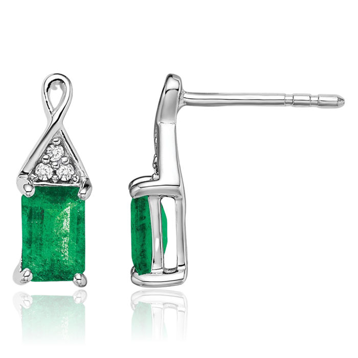 14K Solid White Gold Green Emerald Diamond Drop Dangle Earrings Gemstone Post Push Back May Birthstone Jewelry