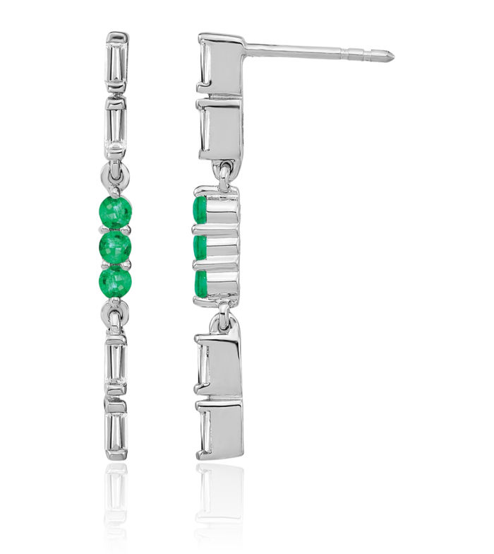 14K Solid White Gold Green Emerald Diamond Line Bar Drop Dangle Earrings Gemstone Post Push Back May Birthstone Jewelry