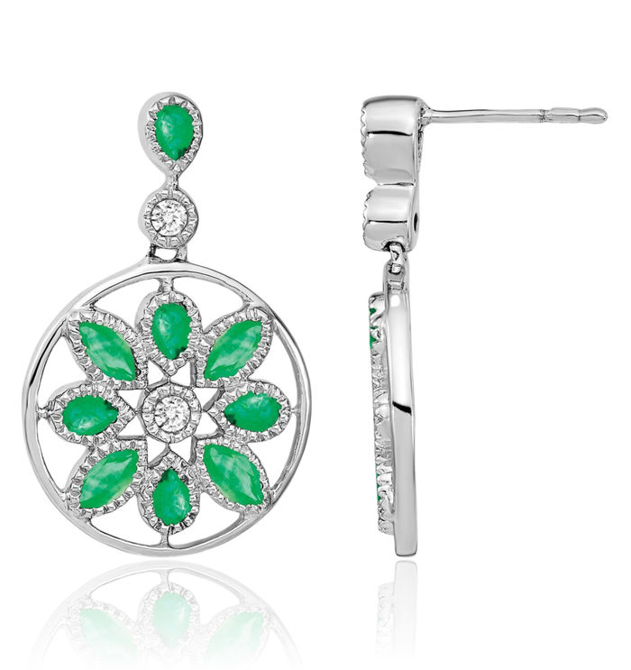 14K Solid White Gold Green Emerald Diamond Flower Drop Dangle Earrings Gemstone Post Push Back May Birthstone Jewelry