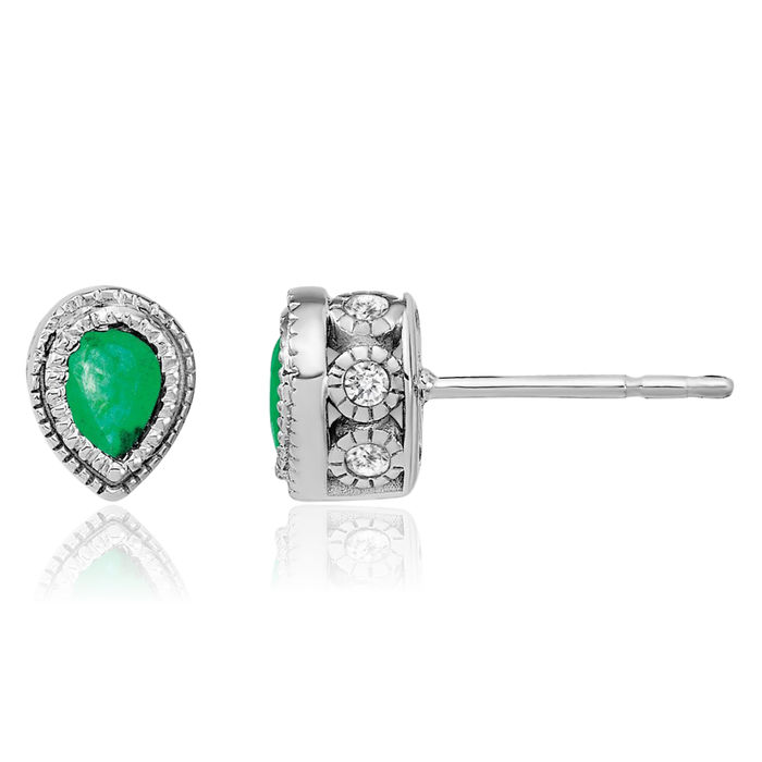 14K Solid White Gold Green Emerald Diamond Studs Pear Teardrop Gemstone Earrings May Birthstone Jewelry